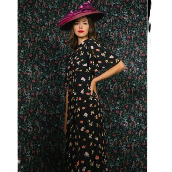 byTiMo Black Floral Maxi Short Sleeve Dress XS Feminine Vintage Style - Picture 1 of 7